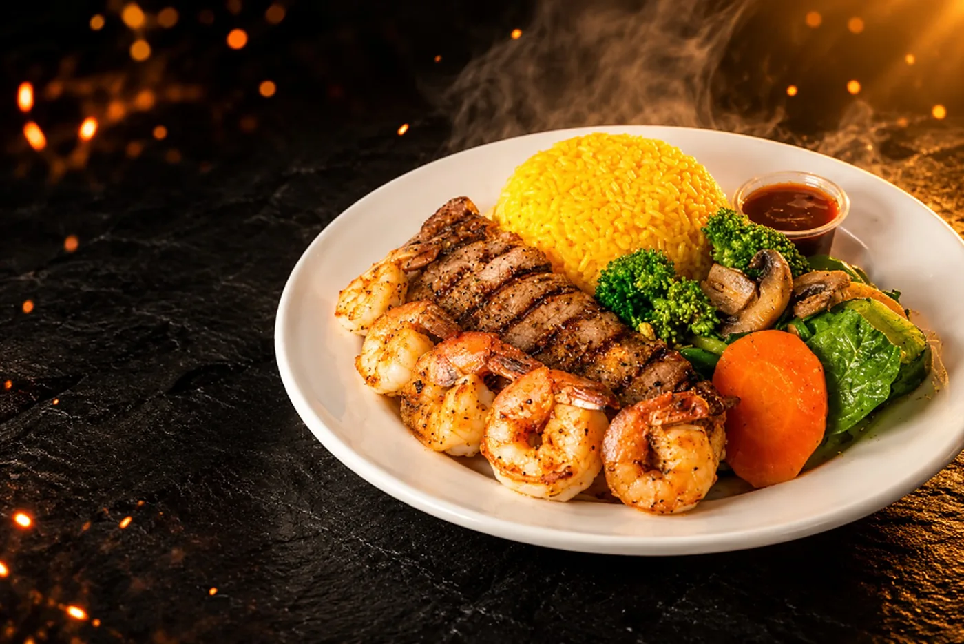 Carne y camarones a la parrilla