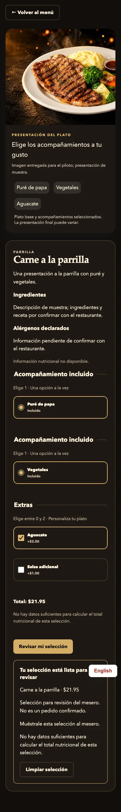 Ficha del plato con acompañamientos, extras y total calculado